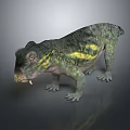 Prehistoric Reptile 3D Model With Green Yellow Stripes Stocky Body Short Legs And Large Head