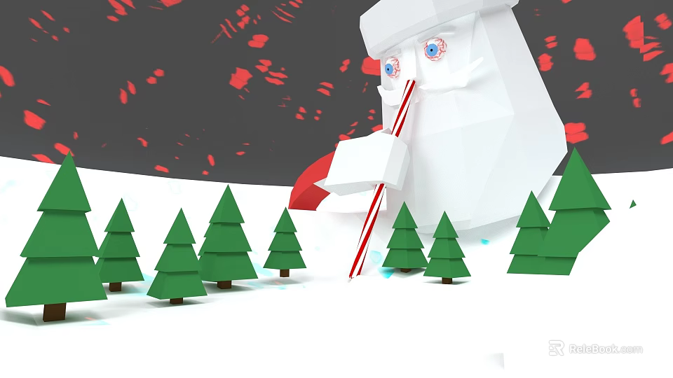 Man in Santa hat holding candy cane among green Christmas trees with red snowflakes 3d model 