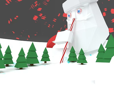 Man in Santa hat holding candy cane among green Christmas trees with red snowflakes 3d model