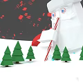 Man in Santa hat holding candy cane among green Christmas trees with red snowflakes