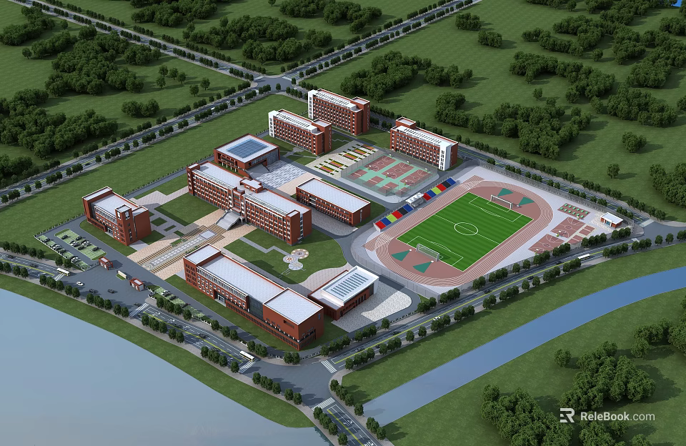 Modern School Campus With Spacious Buildings Sports Field And Lush Greenery 3d model 