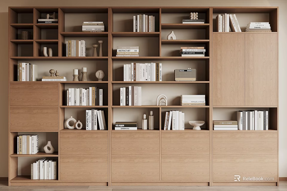 Modern Wooden Bookcase With Multiple Open Shelves Books And Decorative Ornaments 3d model 