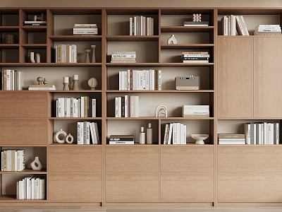 Modern Wooden Bookcase With Multiple Open Shelves Books And Decorative Ornaments 3d model