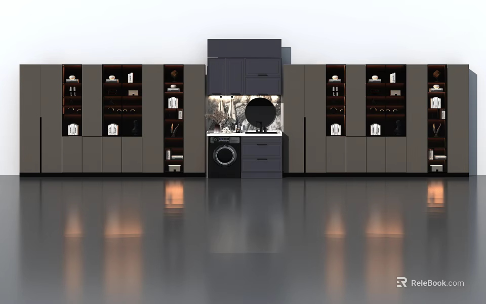 Contemporary Wooden Bookcase With Glass Doors LED Lighting And Storage Shelves For Living Room 3d model 