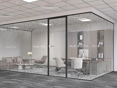 Modern Office Glass Partition Design Featuring Dot Pattern And Office Furniture 3d model