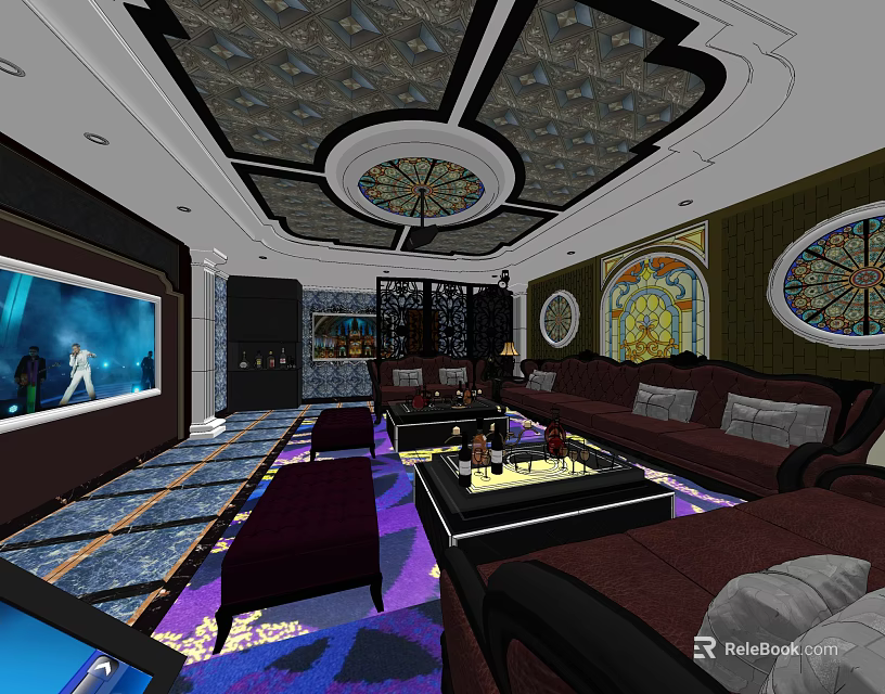 Luxurious KTV Interior Design With Modern Sofas Large Screen TV Unique Ceiling And Colorful Lighting 3d model 