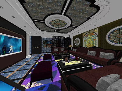 Luxurious KTV Interior Design With Modern Sofas Large Screen TV Unique Ceiling And Colorful Lighting 3d model