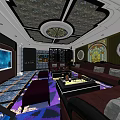 Luxurious KTV Interior Design With Modern Sofas Large Screen TV Unique Ceiling And Colorful Lighting