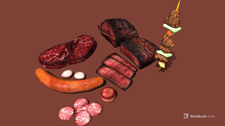Delicious Assorted Meat Platter Featuring Grilled Steak Sausage Kebab Sliced Meat And Salami 3d model 