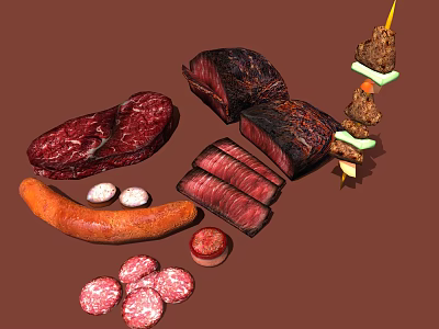 Delicious Assorted Meat Platter Featuring Grilled Steak Sausage Kebab Sliced Meat And Salami 3d model