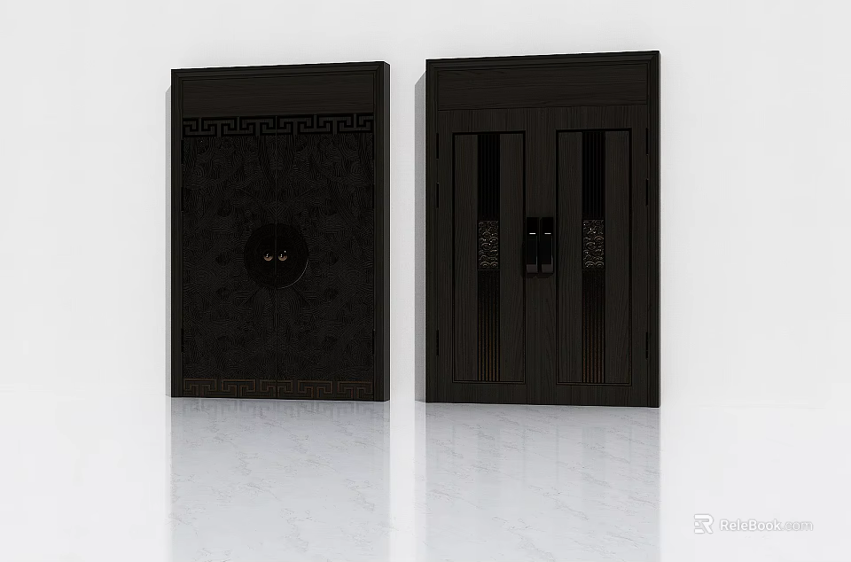 Classic Black Double Doors With Intricate Patterns And Symmetric Design Elements 3d model