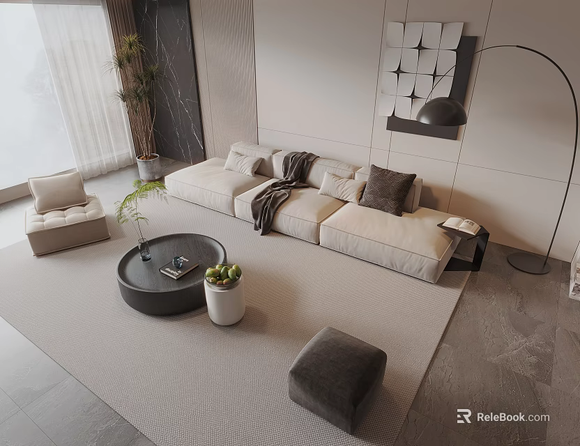 Modern Living Room Sofa Coffee Table Set With Beige Cushions Round Top and Throw Blanket 3d model 