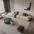 Modern Living Room Sofa Coffee Table Set With Beige Cushions Round Top and Throw Blanket