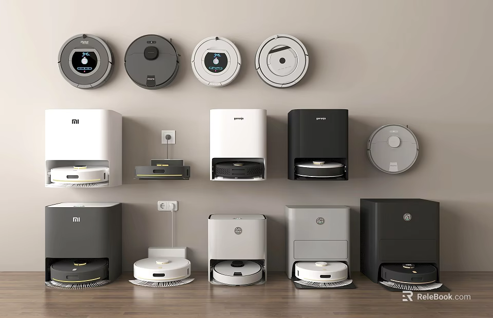 Household Cleaning Appliances Robotic Vacuums Various Black White Gray Models Displayed on Wall and Floor 3d model 
