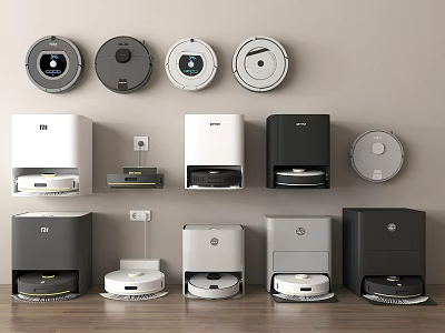 Household Cleaning Appliances Robotic Vacuums Various Black White Gray Models Displayed on Wall and Floor 3d model