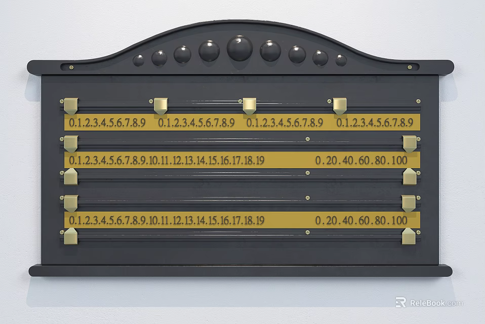 Black Wall Mounted Sports Equipment Scoreboard With Digital Number Displays And Brass Fasteners 3d model 