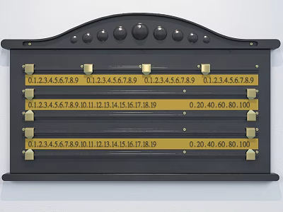 Black Wall Mounted Sports Equipment Scoreboard With Digital Number Displays And Brass Fasteners 3d model