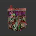 Industrial Style Building Brown Brick Multi Story Structure With Gear Decorations Chimney And Blue Awning