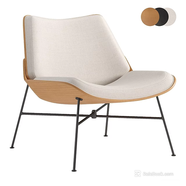 Modern Leisure Chair With Beige Fabric Cushion Curved Backrest Wooden Frame And Metal Legs 3d model 