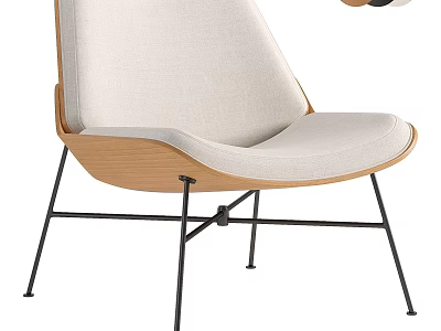 Modern Leisure Chair With Beige Fabric Cushion Curved Backrest Wooden Frame And Metal Legs 3d model