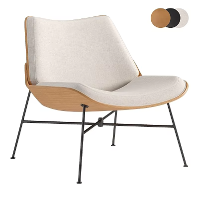 Modern Leisure Chair With Beige Fabric Cushion Curved Backrest Wooden Frame And Metal Legs 3d model