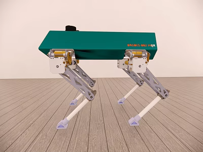 Green Electric Toy with Metal Structure Mechanical Legs White Supports and Blue Foot Pads 3d model