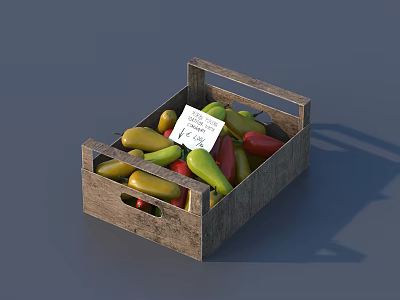 Colorful Bell Peppers in Wooden Crate with Fresh Produce Label 3d model