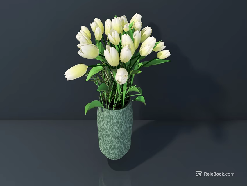 Green Textured Vase With White Tulips On Gray Surface Against Dark Background 3d model 