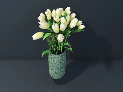 Green Textured Vase With White Tulips On Gray Surface Against Dark Background 3d model