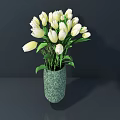 Green Textured Vase With White Tulips On Gray Surface Against Dark Background