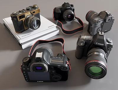 Digital Cameras Collection Featuring Vintage And DSLR Models With Lenses On Books 3d model