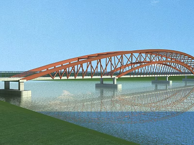 Red Arched Bridge Spanning Over Calm Water With Green Grass And Blue Sky 3d model