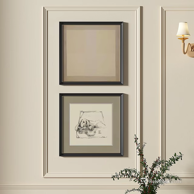 Framed Abstract Paintings On Beige Wall With Wall Lamp And Green Plant Decor 3d model 