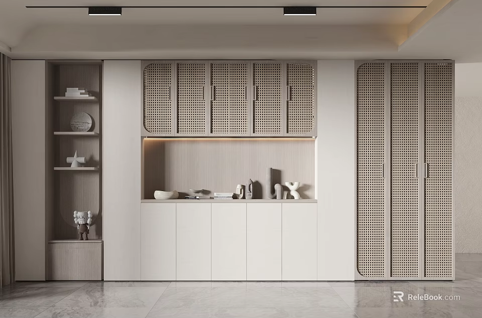 Elegant Modern Wine Cabinet Interior with Grid Pattern Doors and Storage Space Design Elements 3d model 
