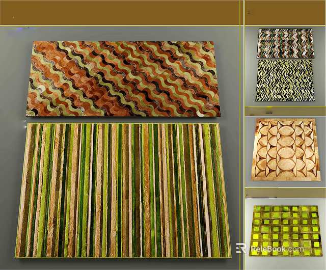 Collection of Square Rugs with Various Patterns Including Wave Stripes and Geometric Designs 3d model 