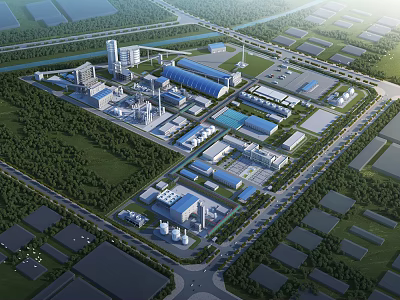 Modern Large Scale Industrial Plant With Blue Roofs Green Surroundings And Road Network 3d model