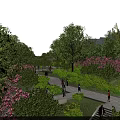 Scenic Park Landscape With Green Trees Pink Flowers And Walking People On Pathways
