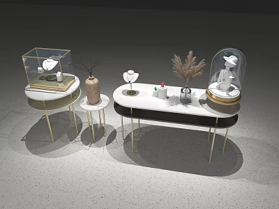Modern Display Shelves with Glass Cases Golden Frames Jewelry Items and Decorative Vases 3d model
