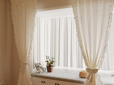 Cozy Window Corner With White Lace Curtains Beige Walls Bench Plant And Basket 3d model