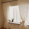 Cozy Window Corner With White Lace Curtains Beige Walls Bench Plant And Basket