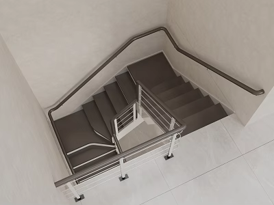 Modern Staircase Interior Design With Metal Handrail Glass Railing And Dark Steps 3d model