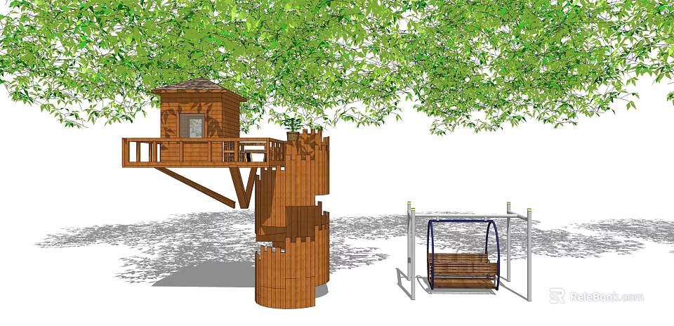 Wooden Treehouse Tower Structure With Platform And Adjacent Swing Under Green Trees 3d model 