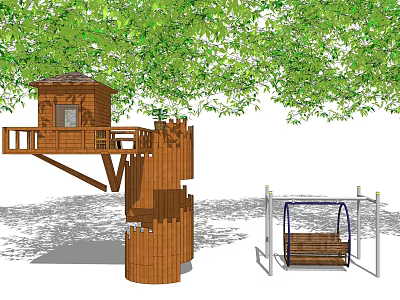 Wooden Treehouse Tower Structure With Platform And Adjacent Swing Under Green Trees 3d model