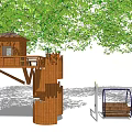 Wooden Treehouse Tower Structure With Platform And Adjacent Swing Under Green Trees