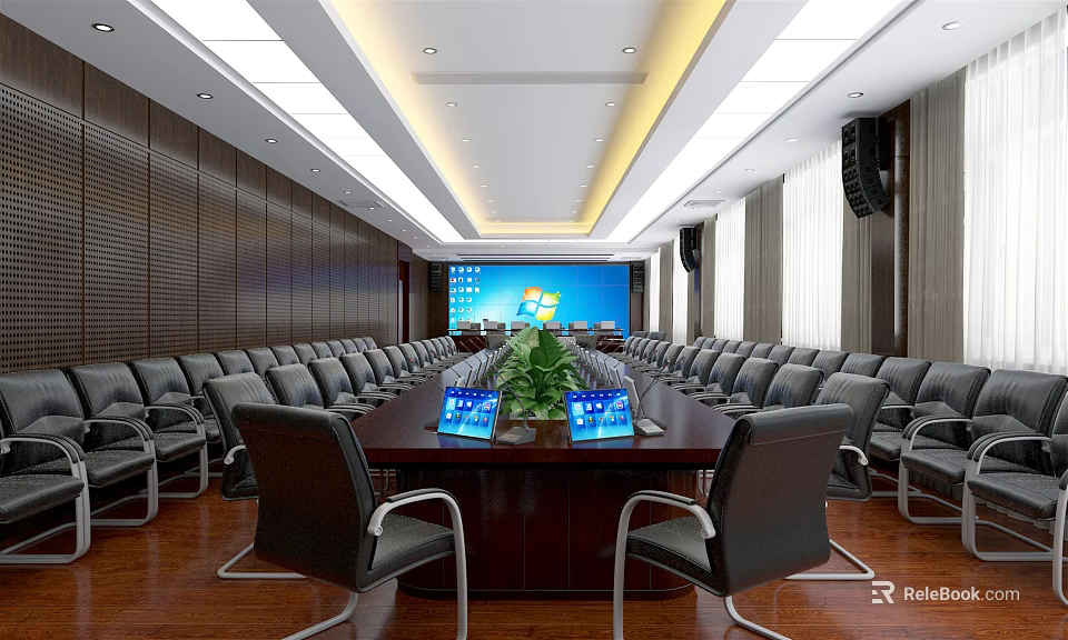 Modern Conference Room With Long Wooden Table Leather Chairs Digital Screens Projection Screen And Speakers 3d model 