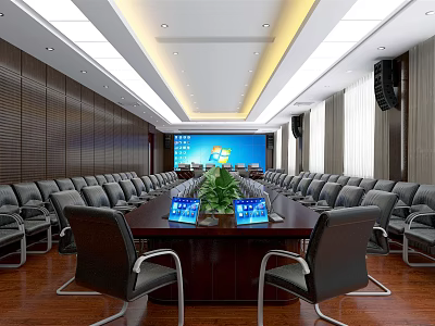 Modern Conference Room With Long Wooden Table Leather Chairs Digital Screens Projection Screen And Speakers 3d model