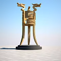 Golden Sculpture With Dragon Shaped Decorations Tripod Structure On Black Base And Blue Sky Background
