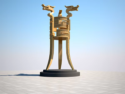 Golden Sculpture With Dragon Shaped Decorations Tripod Structure On Black Base And Blue Sky Background 3d model