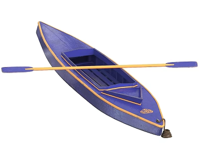 Blue Wooden Boat With Yellow Trim And Wooden Paddle On White Background 3d model
