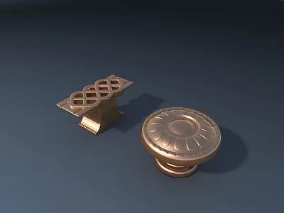 Decorative Cabinet Handles With Rectangular Lattice And Round Carved Golden Metal Design 3d model